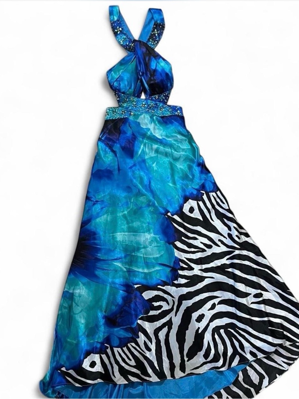 Y2K Masquerade Blue Zebra Print Beaded Halter Gown